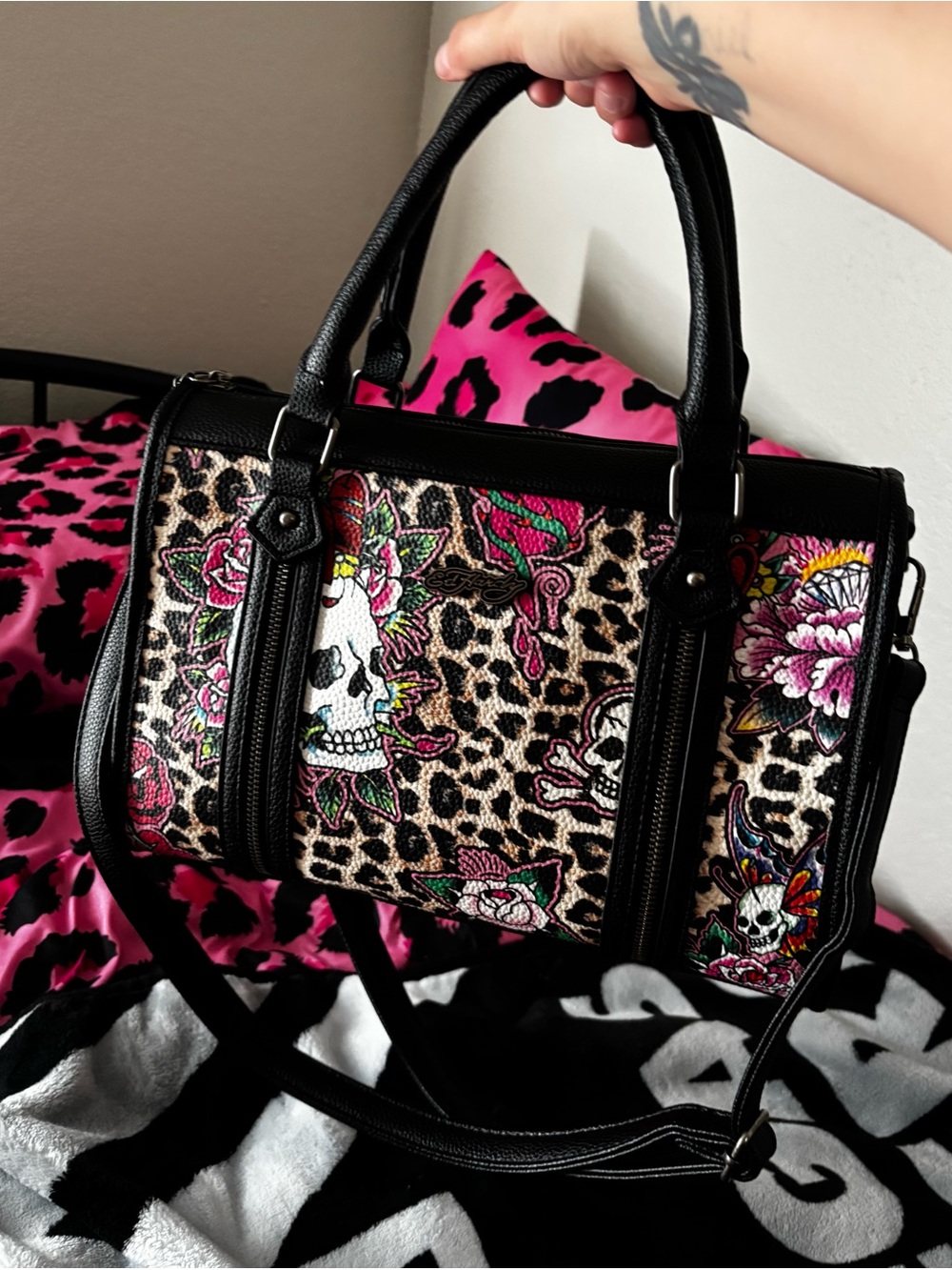 Ed Hardy Skull & Floral Leopard Satchel - Black